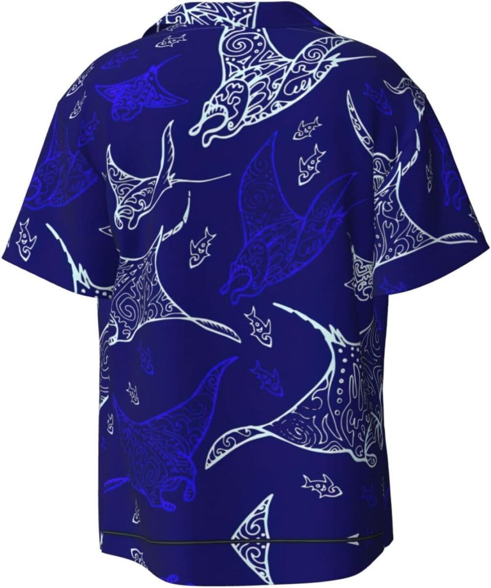 Medium Men Casual Short-Sleeved Shirt â€“ Summer Hawaiian Beach Tops for Outdoor Trips & Everyday Wear Manta Ray and Fish Black - Image 2