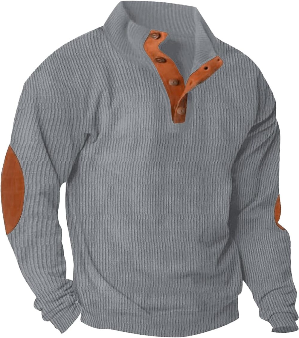 Men Casual Corduroy Sweatshirt Long Sve Thermal Stand Collar Button Pullover Sweatshirts