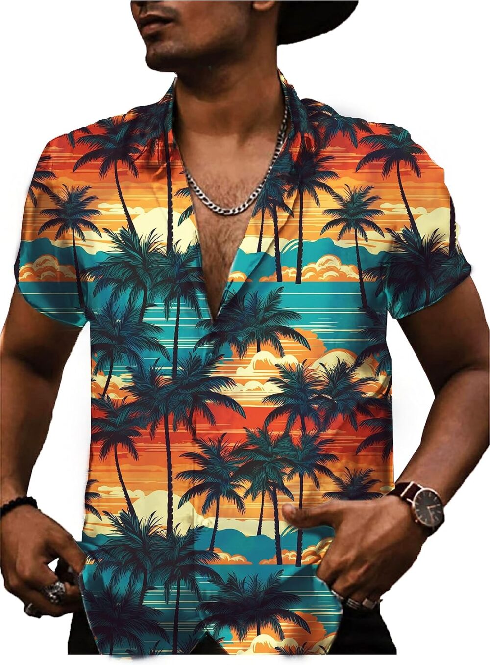 Men Hawaiian Shirt Beach Short Sleeved Floral Pattern Button Top - Image 2